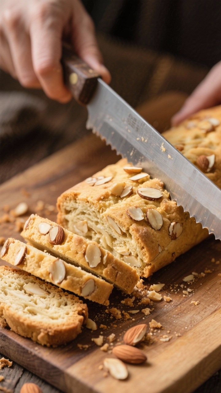 Cooking process: Almond biscotti log being sliced diagonally after the first bake, on a wooden board