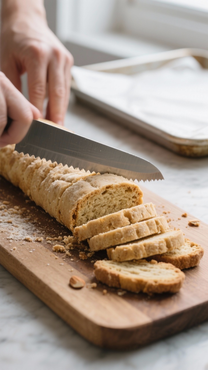 Cooking process: Almond flour biscotti log being diagonally sliced on a wooden board after the first