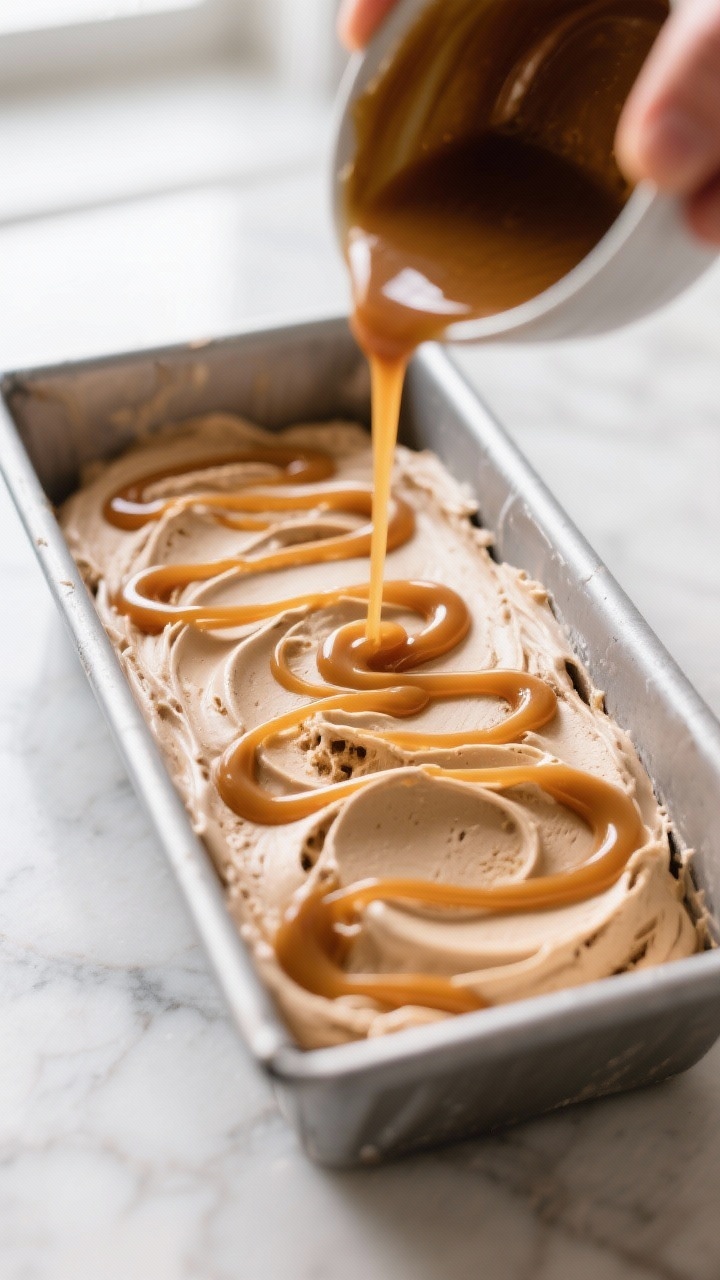 Cooking process: Amber caramel just finished, thick but pourable, being drizzled in thin ribbons ove