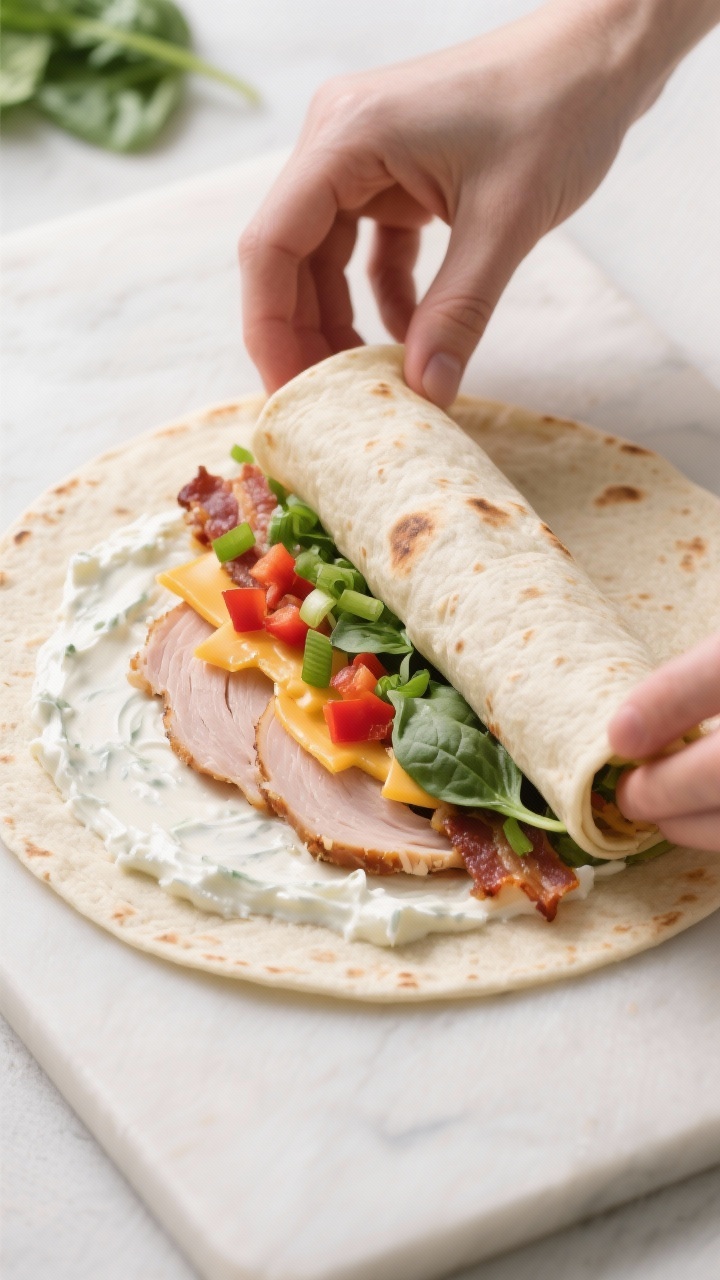 Cooking process: An overhead shot of a single burrito-size tortilla on a clean board, evenly spread 