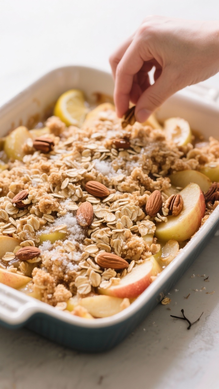 Cooking process: Assembling the crisp—apples already tossed with lemon juice, cornstarch, cinnamon