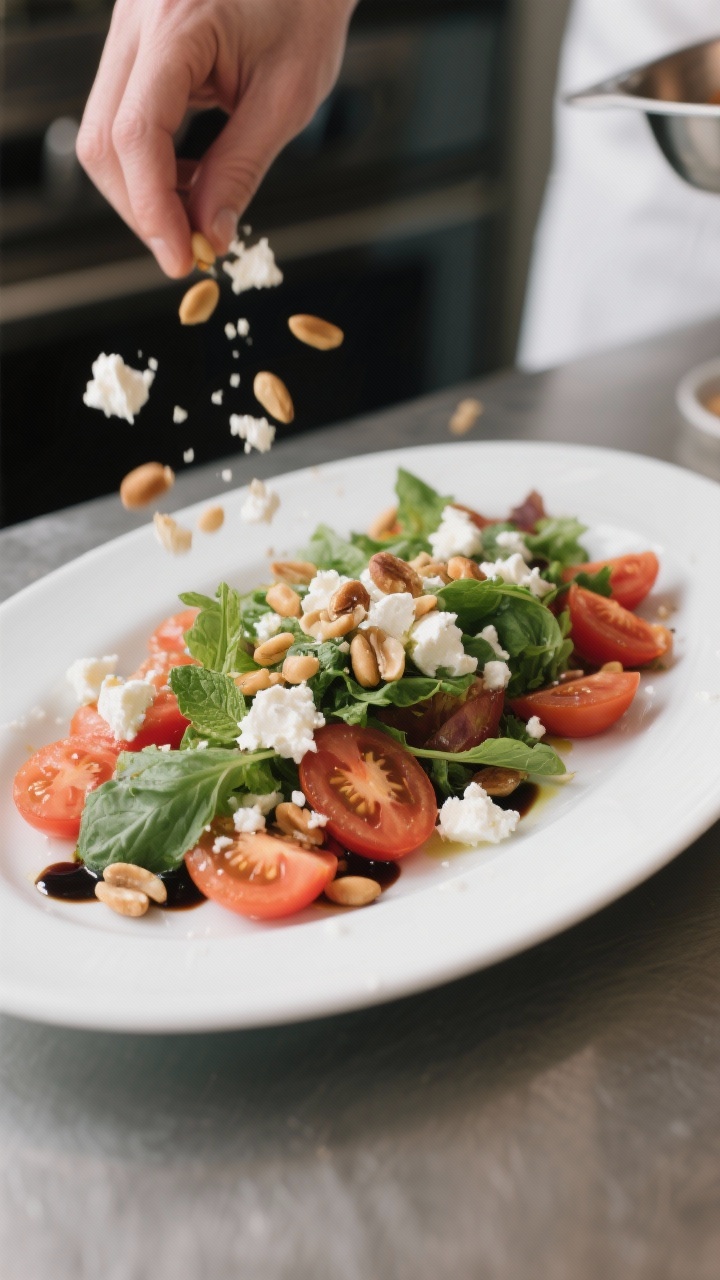 Cooking process: Assembling the salad on a wide white platter—tomatoes already arranged and lightl