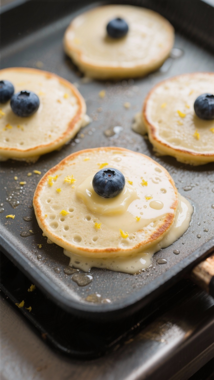 Cooking process: Batter portions pooling on a griddle, 1/4-cup rounds with set edges and small bubbl