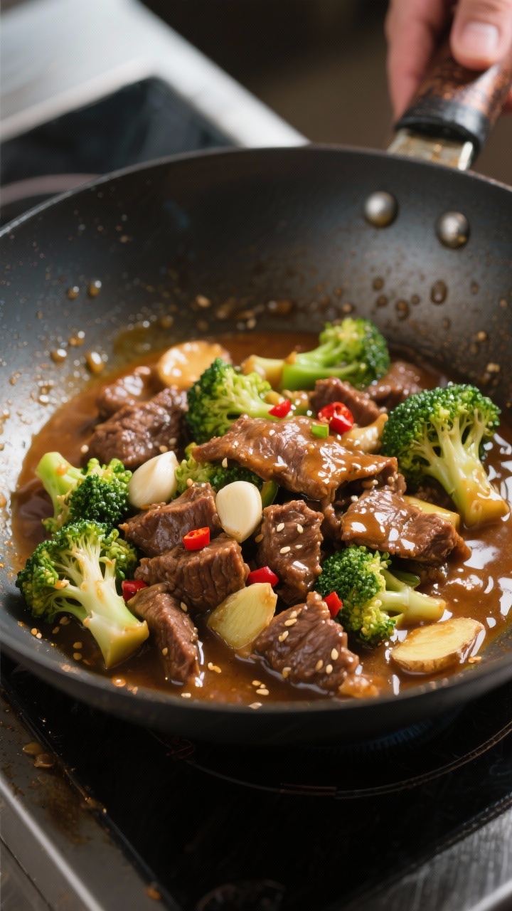 Cooking process: Beef and broccoli in a wok at the moment the sauce thickens—beef returned to the 