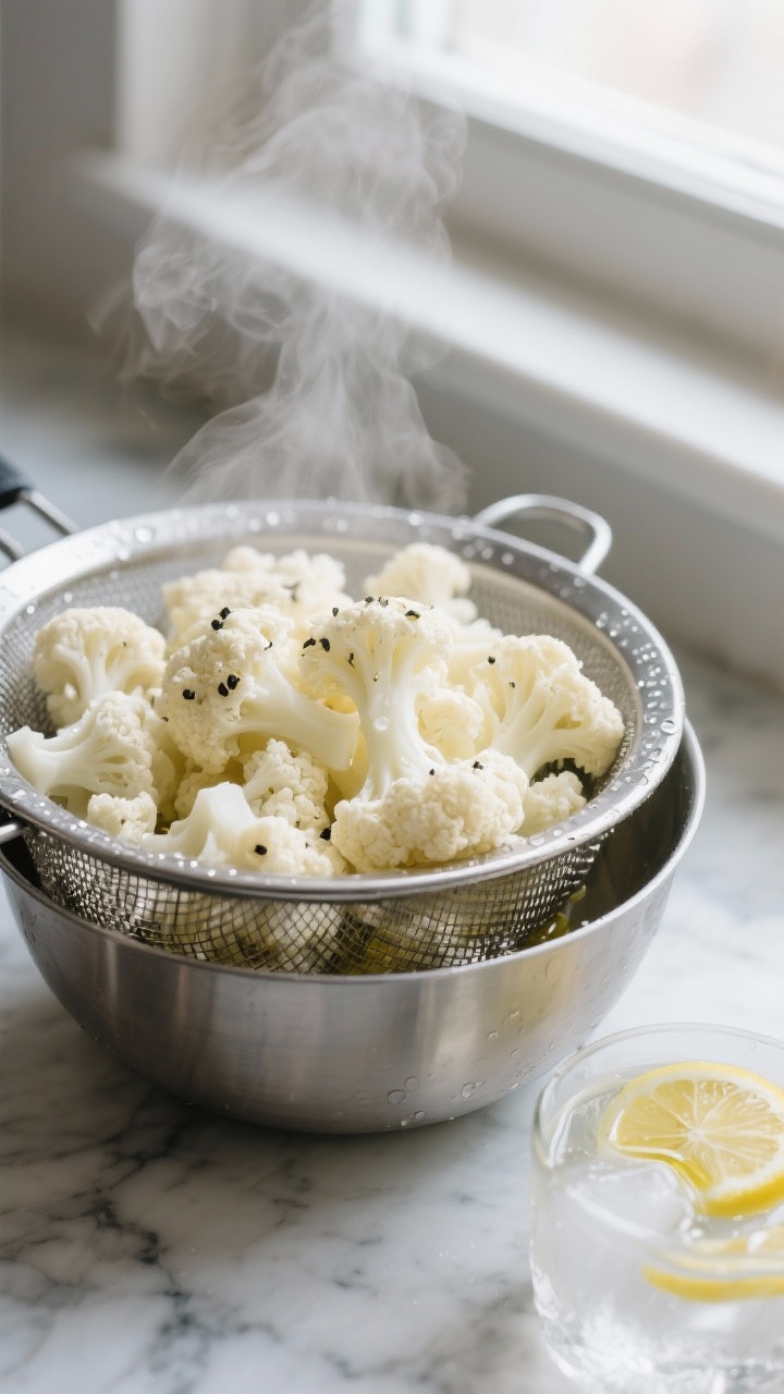Cooking process: Blanched cauliflower florets draining in a fine-mesh sieve over a stainless bowl, s