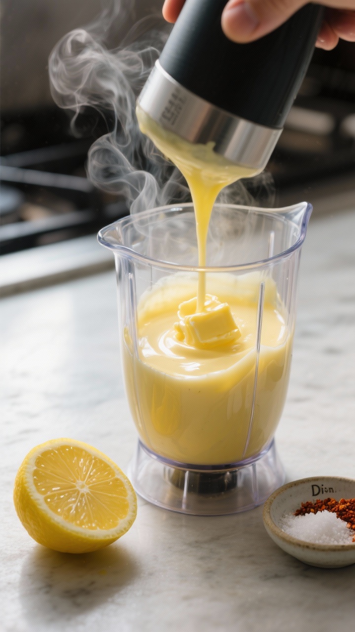 Cooking process: Blender hollandaise in progress—glossy, lemony sauce freshly emulsified in a clea