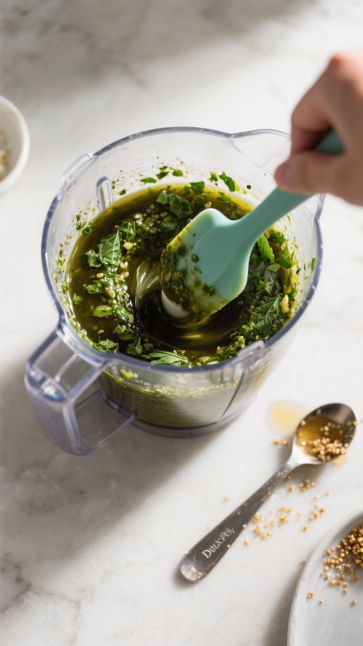 Cooking process: Blender jar mid-whirl with basil balsamic vinaigrette turning a deep, earthy olive-
