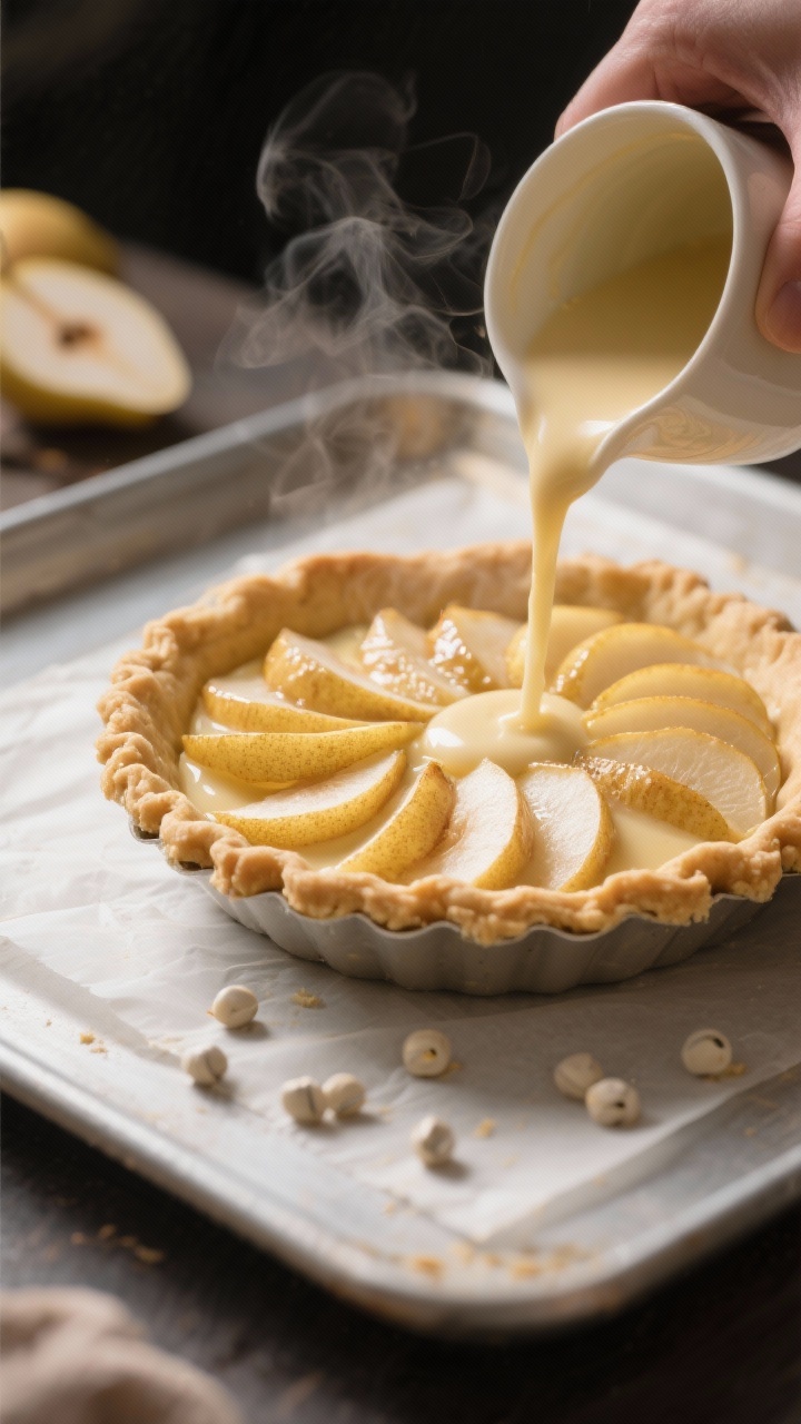 Cooking process: Blind-baked pie crust just out of the oven, lightly golden with crisp crimped edges