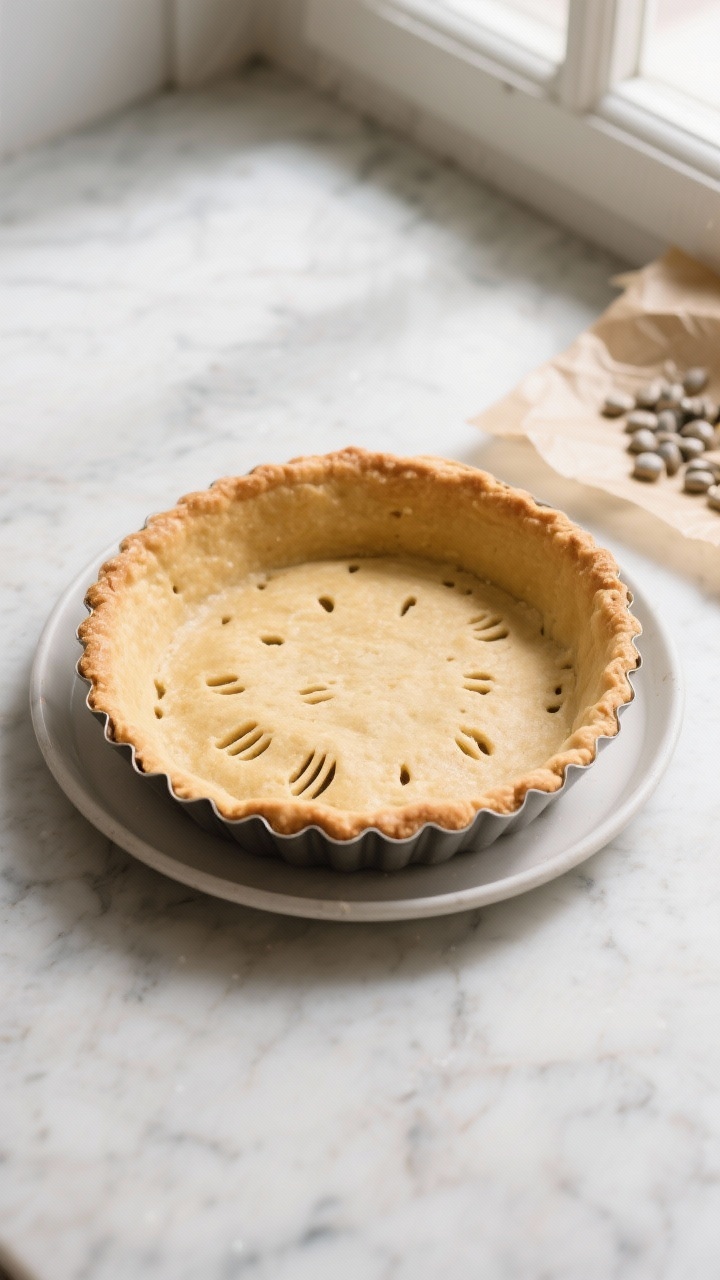 Cooking process: Blind-baked tart shell cooling in a 9-inch fluted pan with a removable bottom, gold