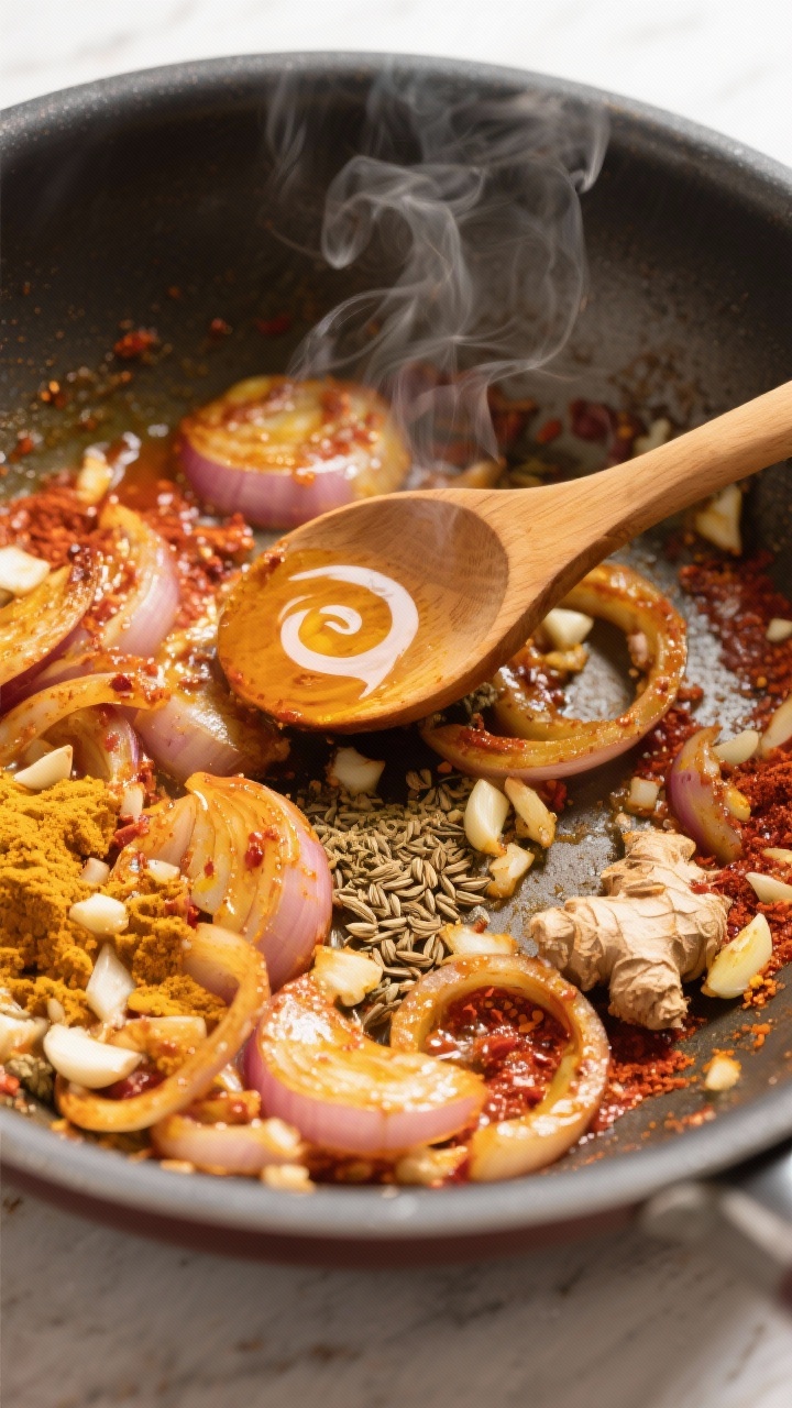 Cooking process: Blooming spices in a wide pan—onions turning golden with minced garlic and ginger