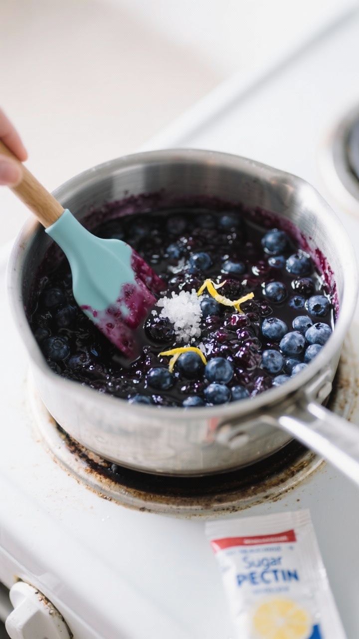 Cooking process: Blueberry jam simmering in a medium stainless saucepan, berries broken down and bub