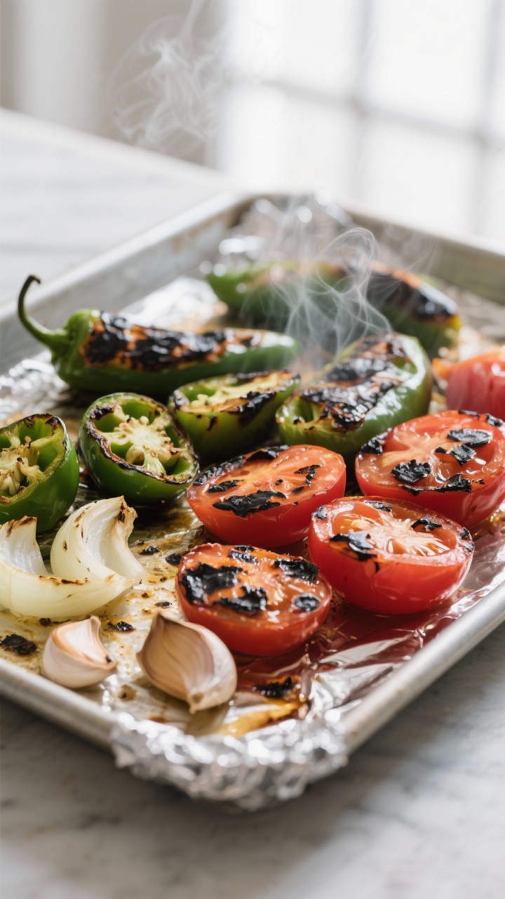 Cooking process, broiler char: Roasted jalapeno salsa ingredients just after broiling—halved jalap