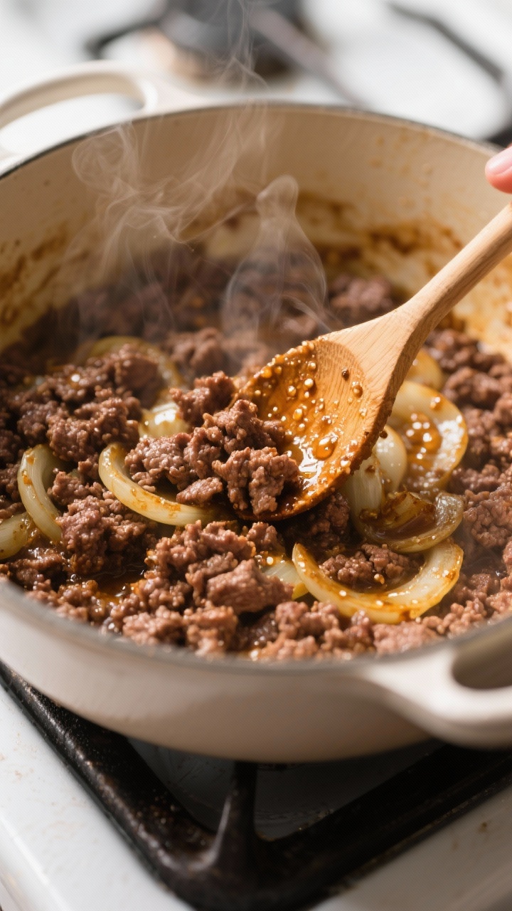 Cooking process — Browning ground beef: Close-up of sizzling browned ground beef in a Dutch oven,