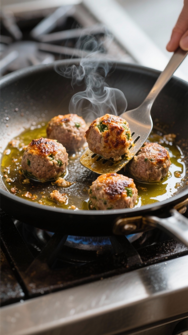 Cooking process: Browning stuffed meatballs in a large skillet with a slick of olive oil, deep golde