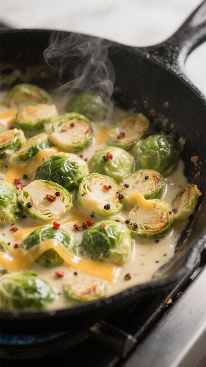 Cooking process: Brussels sprout casserole filling simmering in a large skillet—thinly sliced roas