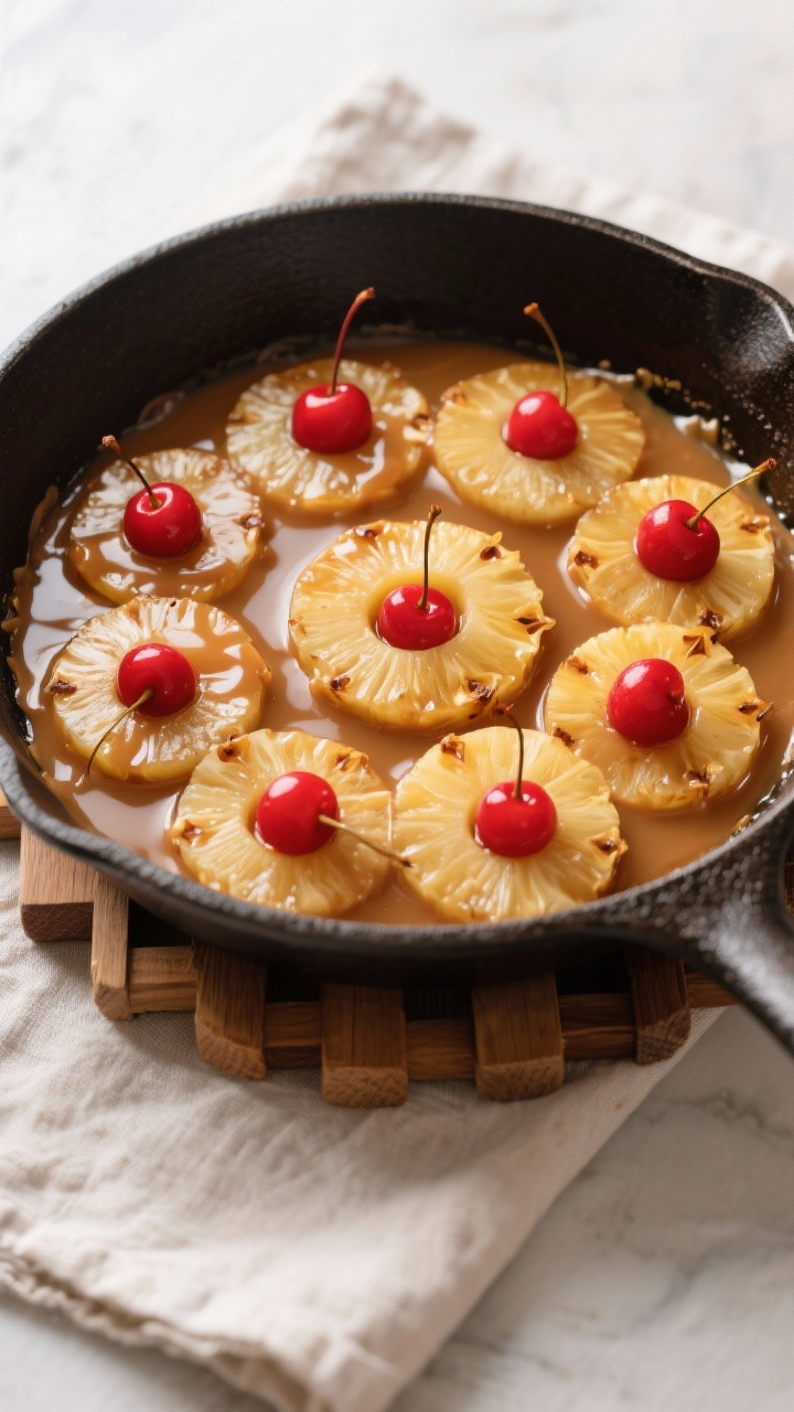 Cooking process — caramel base and fruit arranged: Overhead shot of a 9-inch cast-iron skillet jus