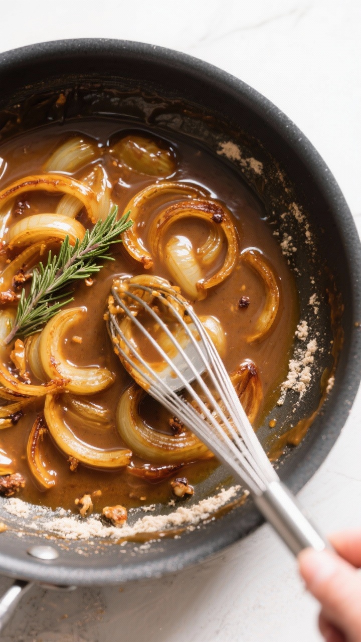 Cooking process: Caramelized onion gravy in progress in a skillet—soft, deeply golden onions with