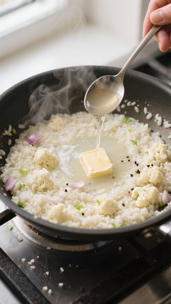 Cooking process: Cauliflower risotto mid-simmer in a wide stainless skillet, overhead angle. Steam r
