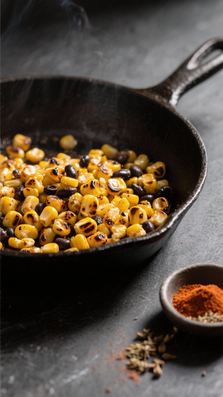 Cooking process: Charred corn for Chicken Black Bean Corn Salsa sizzling in a dry cast-iron skillet,