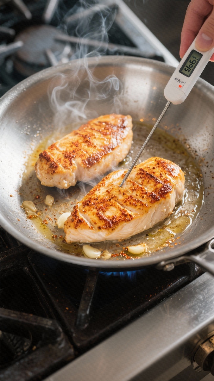 Cooking process: Chicken breast cutlets searing in a large stainless-steel skillet over medium-high 