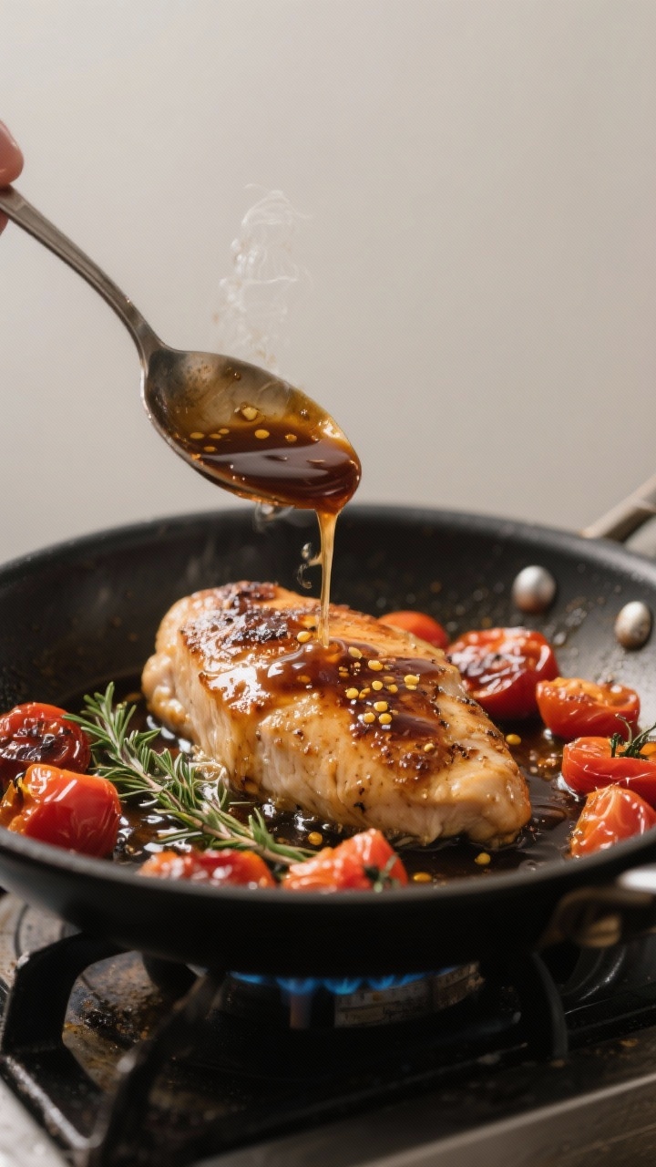 Cooking process: Chicken breasts being basted in a bubbling balsamic-honey-Dijon sauce, spoon mid-ai