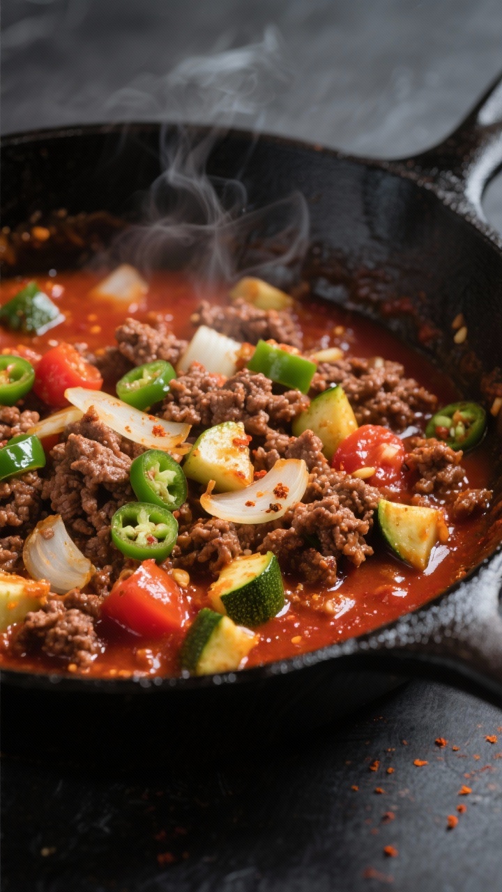 Cooking process close-up: A sizzling skillet of browned ground beef with softened onions and garlic,
