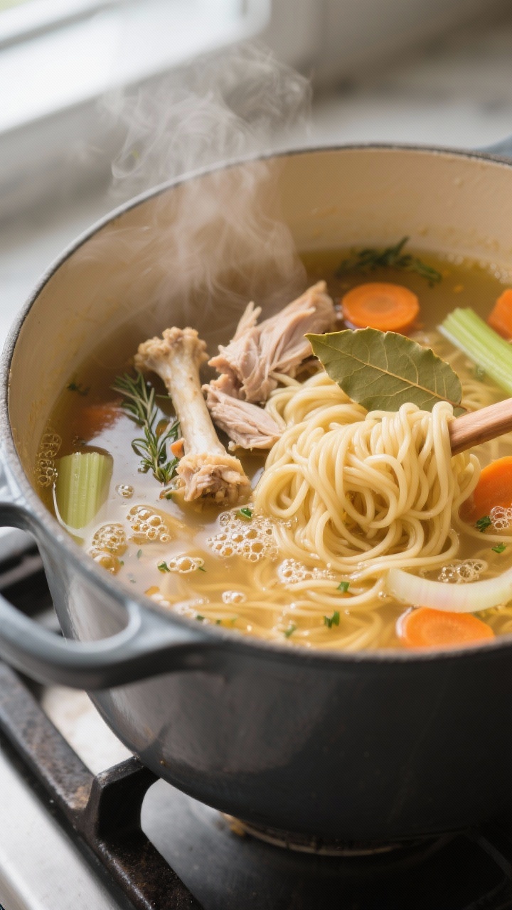 Cooking process close-up: A steaming stockpot of simmering leftover turkey soup as noodles are just 