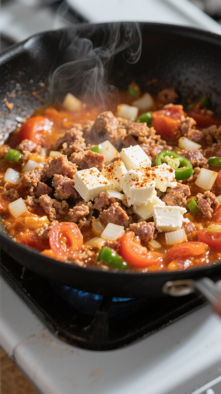 Cooking process close-up: Crumbled pork sausage browning in a large black skillet over medium heat, 