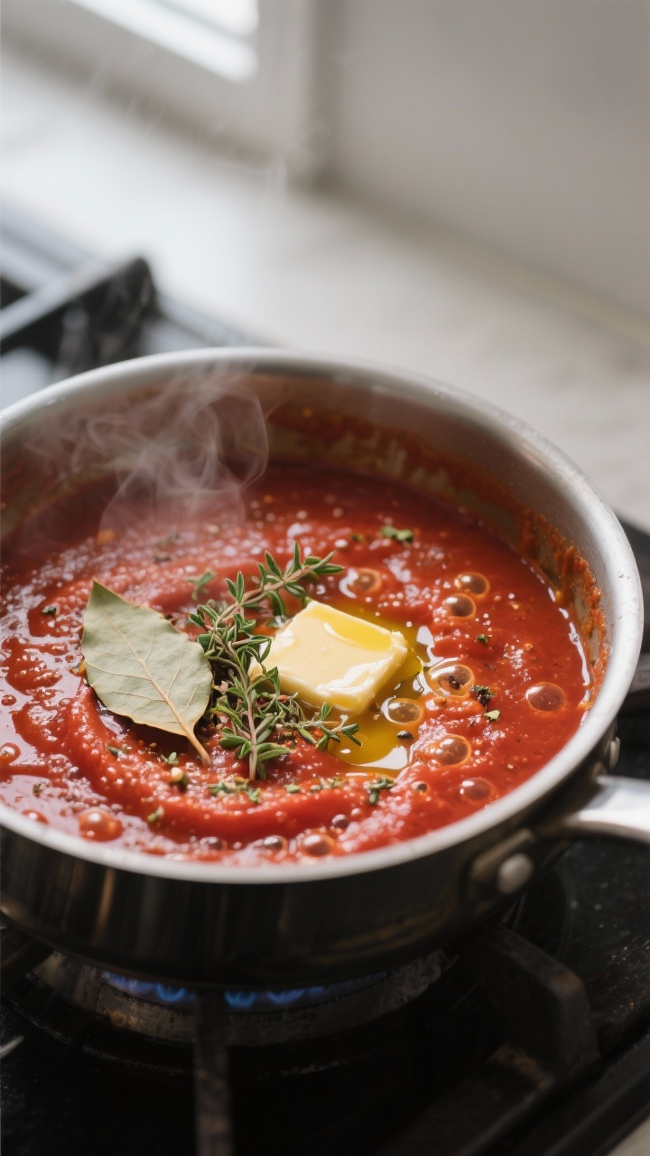 Cooking process, close-up detail: A medium saucepan of simmering keto marinara sauce on low heat, th