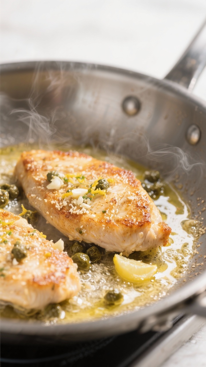 Cooking process, close-up detail: Golden-brown keto chicken piccata cutlets sizzling in a stainless 