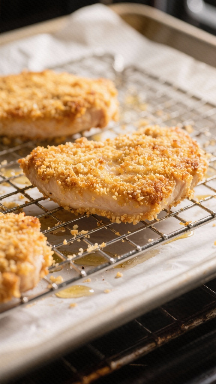 Cooking process, close-up detail: Golden panko-Parmesan crusted chicken cutlets on a wire rack mid-b