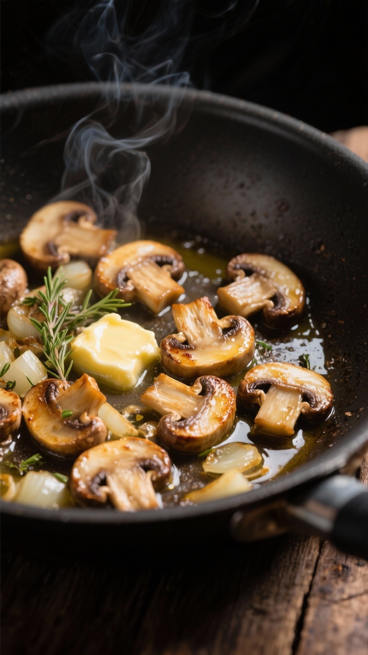 Cooking process close-up: Golden-browned cremini and baby bella mushrooms sizzling in a skillet with