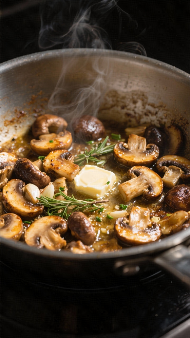 Cooking process close-up: Golden-browned mixed mushrooms (cremini, button, shiitake) sizzling in a w