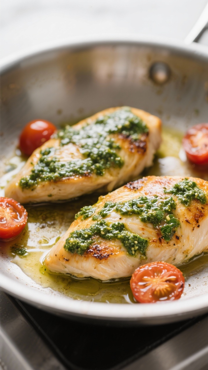 Cooking process close-up: Golden-seared chicken breasts in a lightly oiled skillet just before bakin