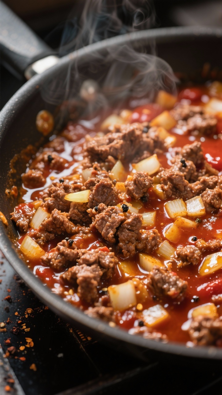 Cooking process close-up: In a stainless skillet, browned crumbled beef simmering with glossy ketchu