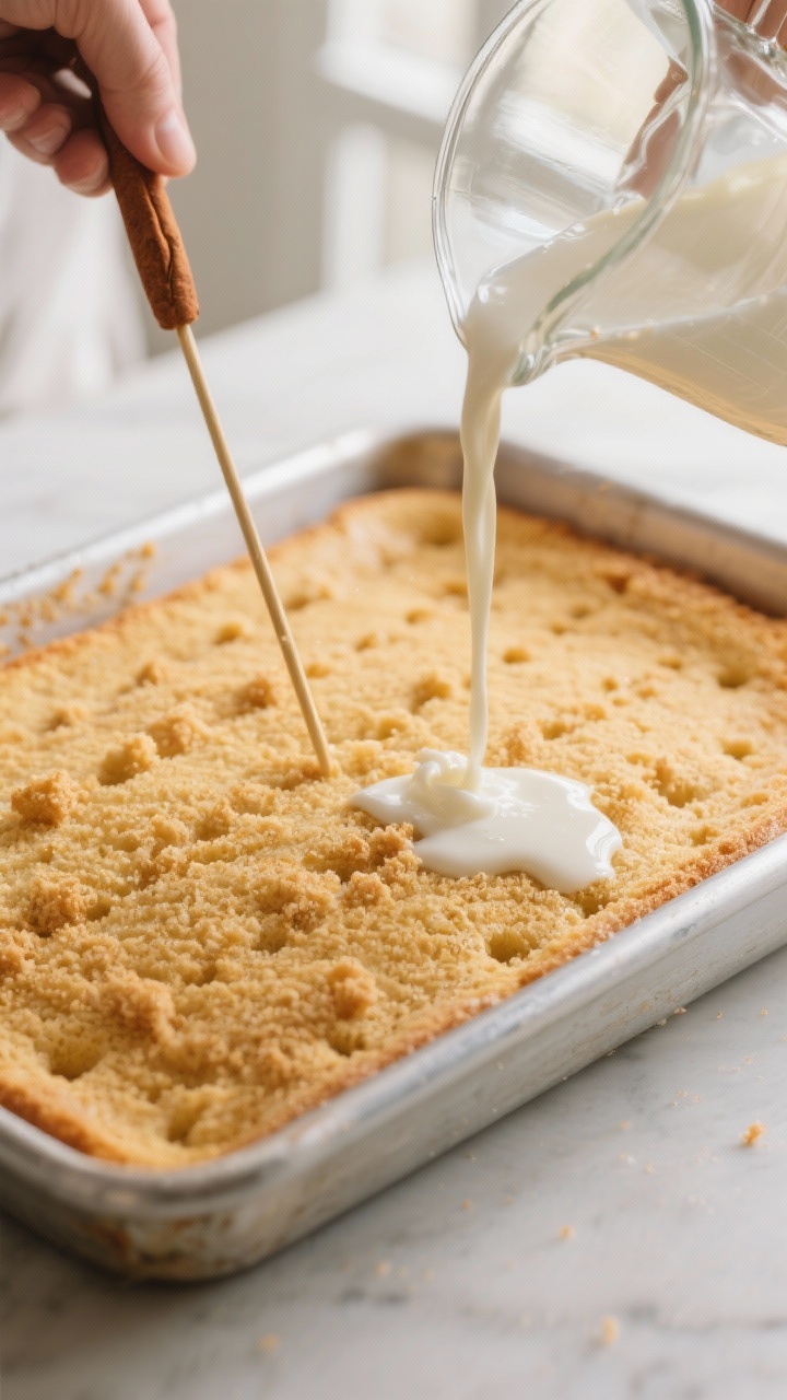 Cooking process — Close-up of a golden, just-baked Tres Leches sponge in a 9x13 pan being poked al