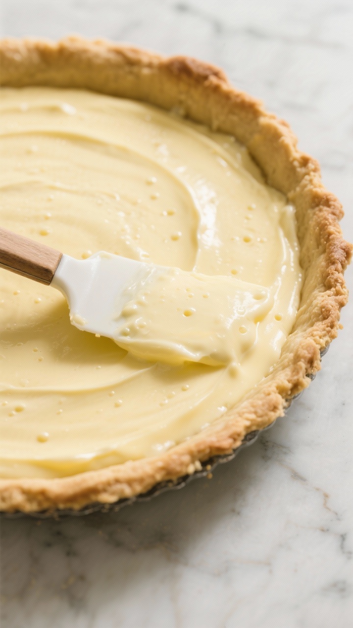 Cooking process: Close-up of a par-baked 9-inch pie crust just filled with silky lemon-ricotta custa