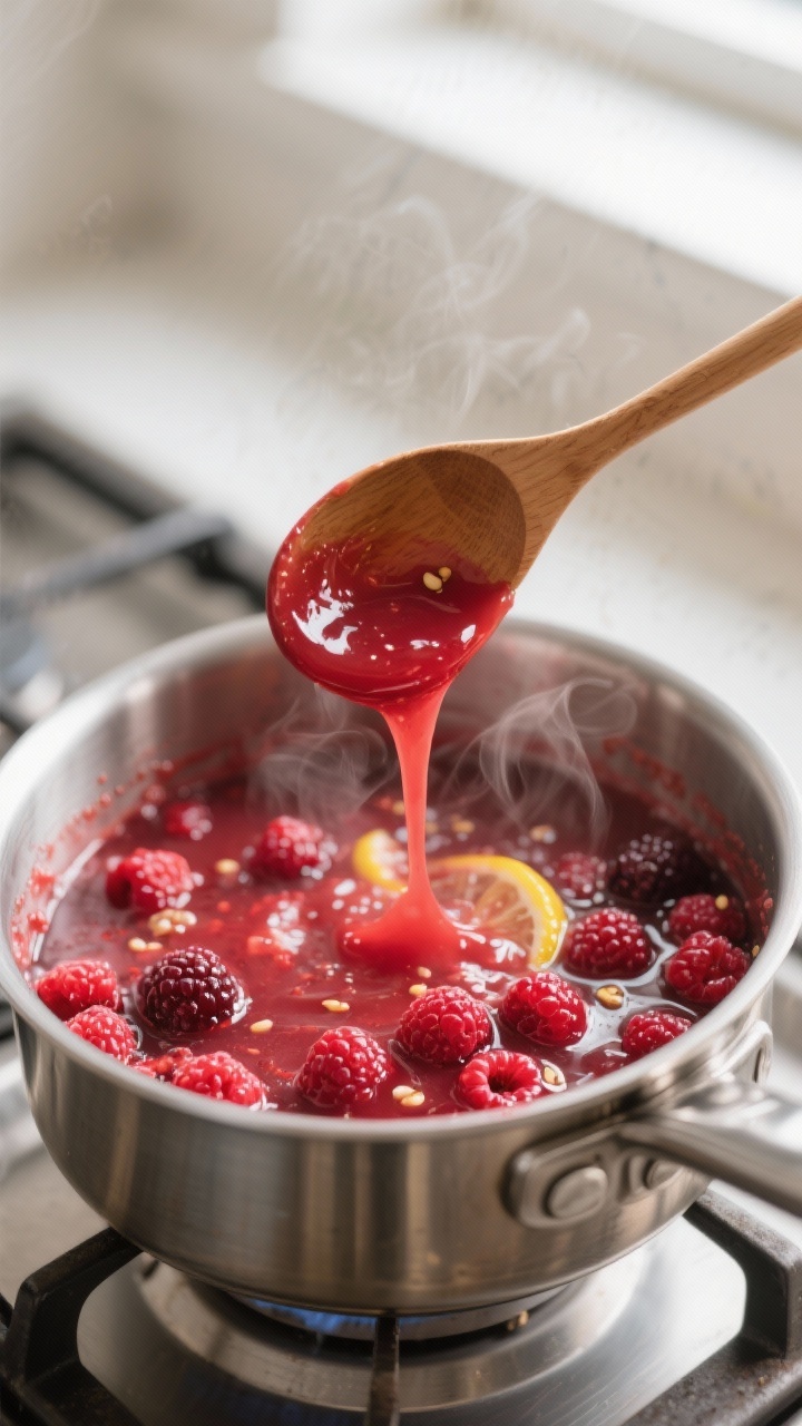 Cooking process close-up: Raspberry sauce simmering in a small stainless saucepan over medium heat, 
