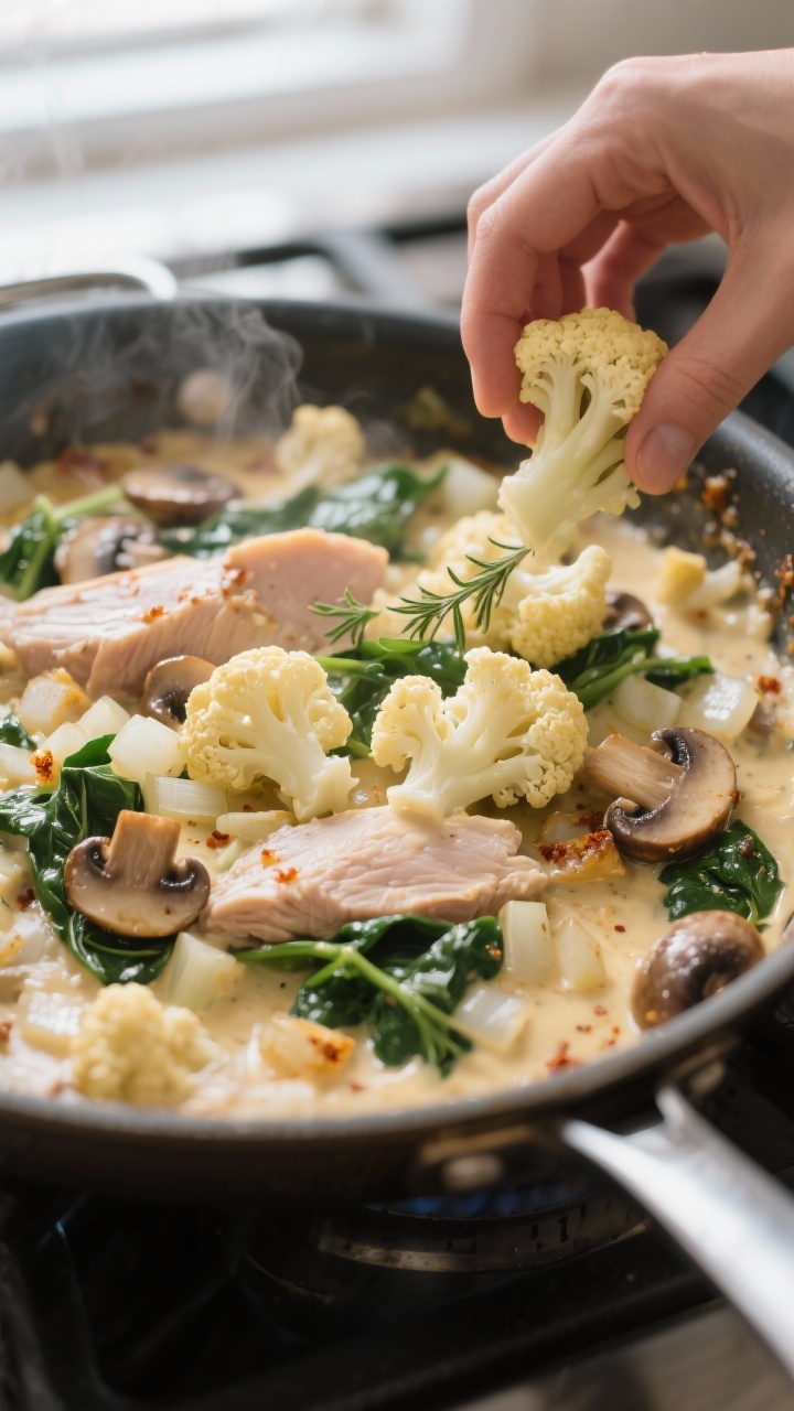 Cooking process close-up: Sautéed turkey casserole base in a stainless skillet, showing golden, tra
