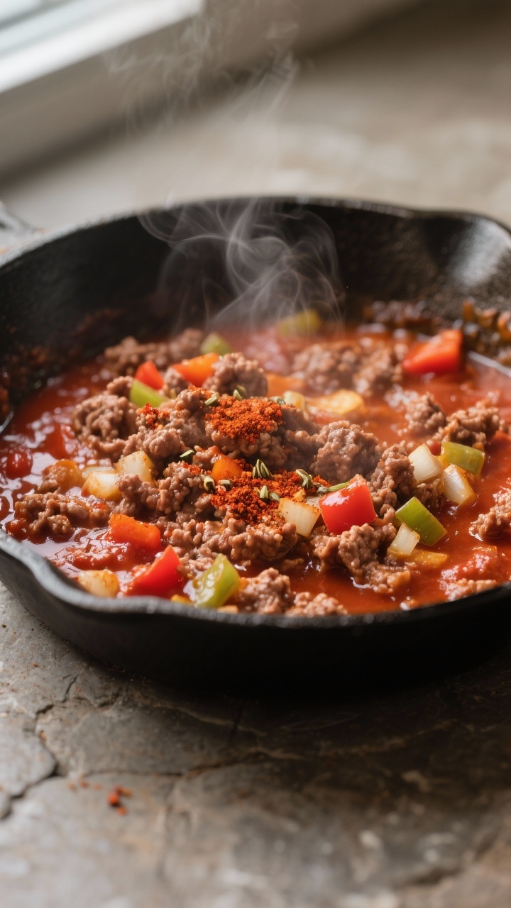 Cooking process close-up: Seasoned ground beef simmering in a skillet with tomato paste sauce visibl