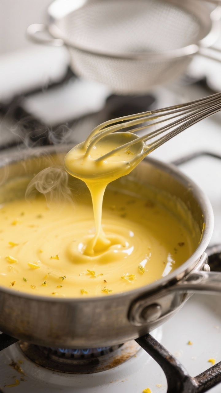 Cooking process close-up: Silky keto lemon curd thickening in a heavy-bottomed saucepan over low hea