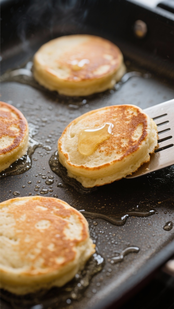 Cooking process close-up: Small keto buttermilk pancakes (3-inch rounds) cooking on a well-heated no