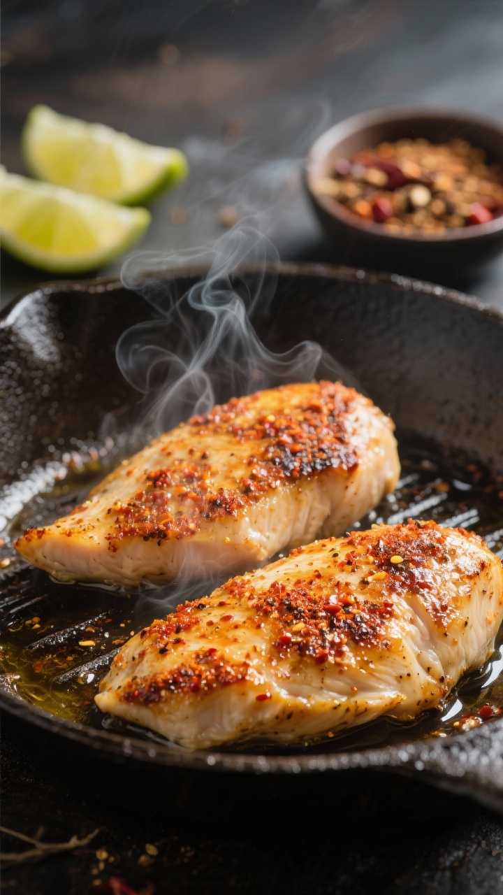 Cooking process close-up: Spice-rubbed chicken breasts sizzling on a hot cast-iron skillet, golden-c