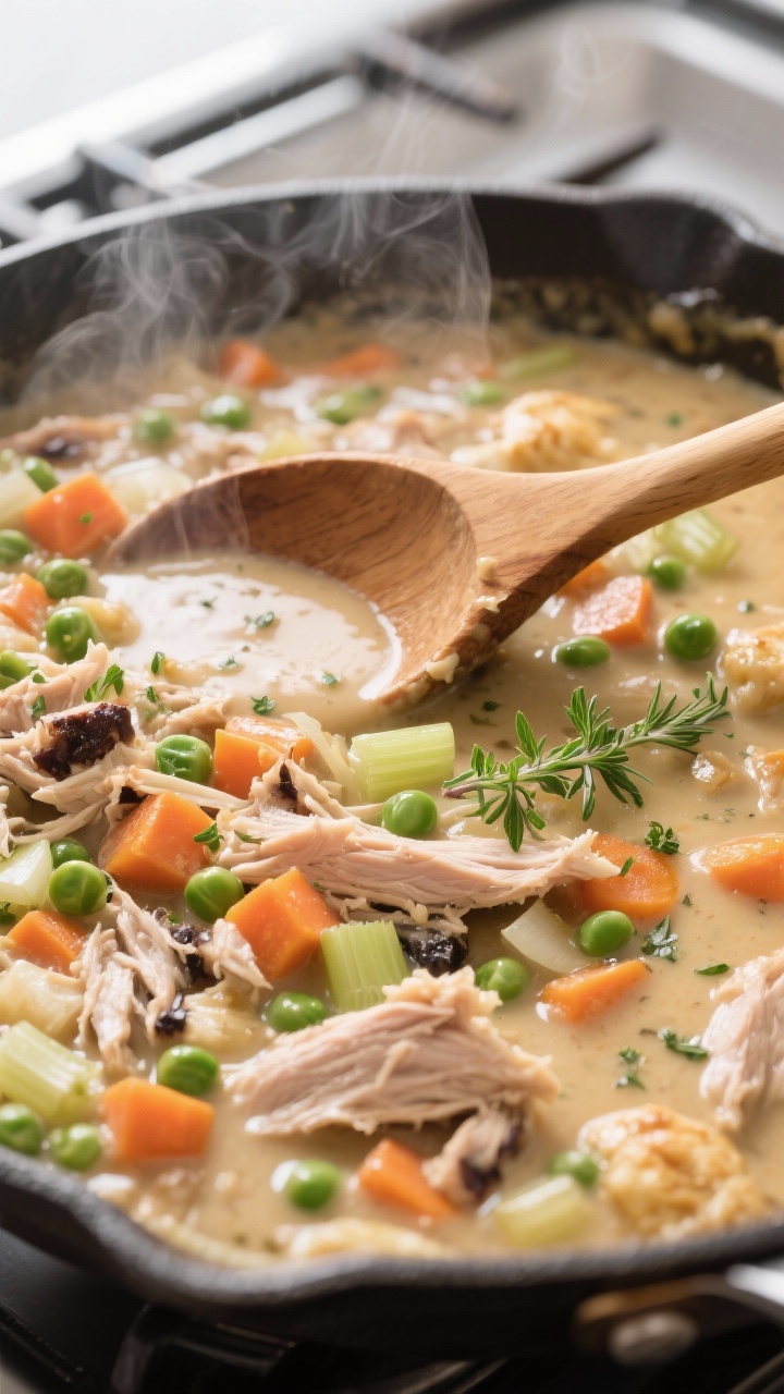 Cooking process close-up: Thick, creamy turkey pot pie filling simmering in a skillet, showing tende