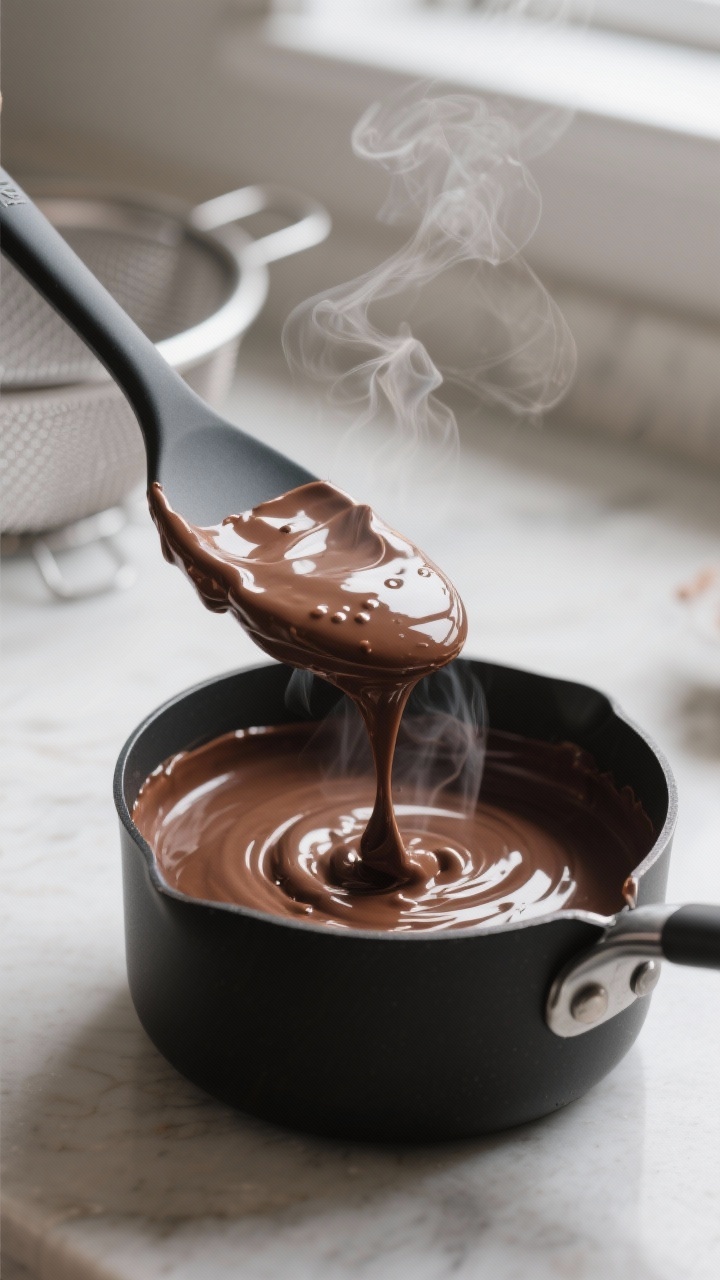 Cooking process close-up: Thick, glossy keto chocolate custard base coating the back of a spoon at 1