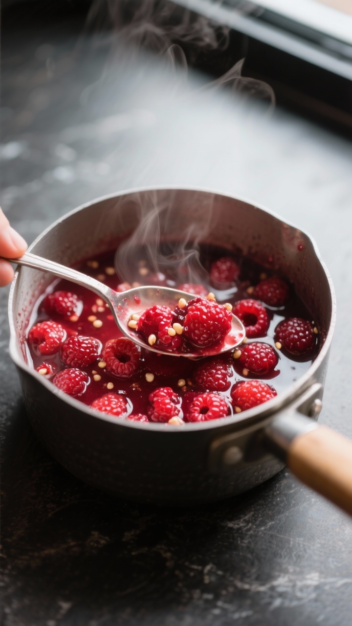 Cooking process close-up: Warm raspberry syrup simmering in a small saucepan, berries broken down in
