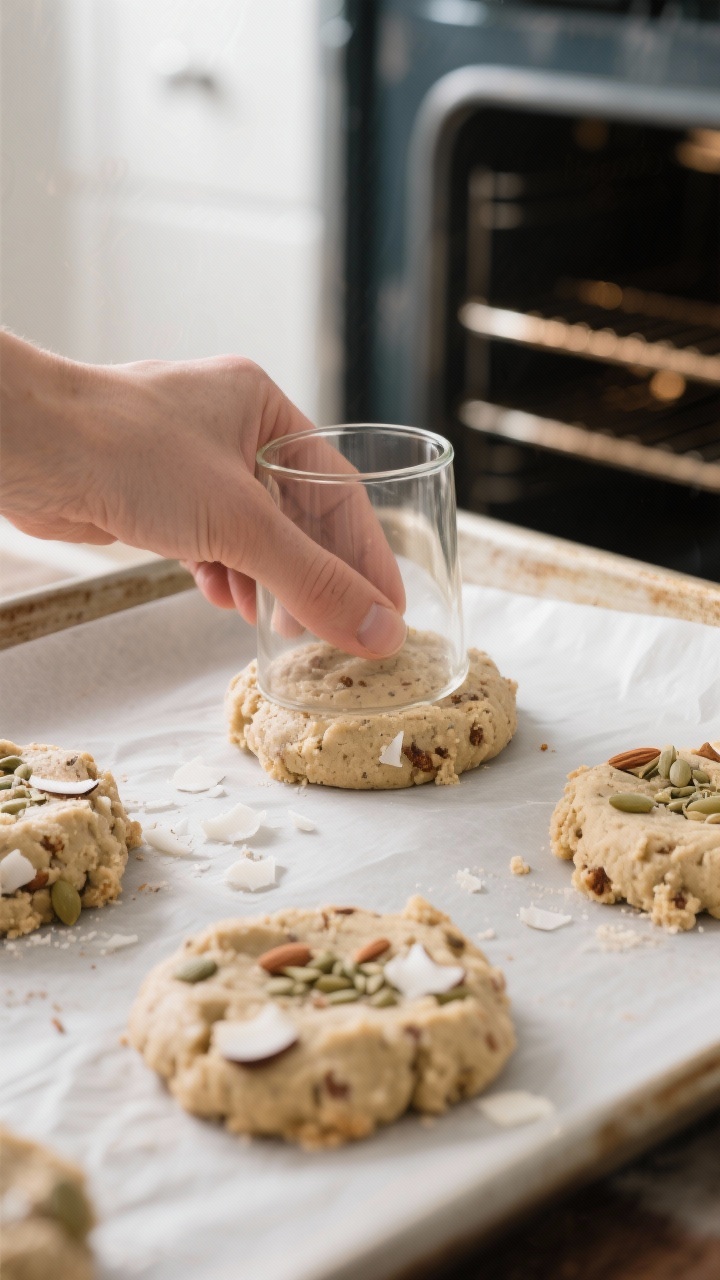Cooking process: Cookie dough mounds being gently flattened with the bottom of a glass on a parchmen