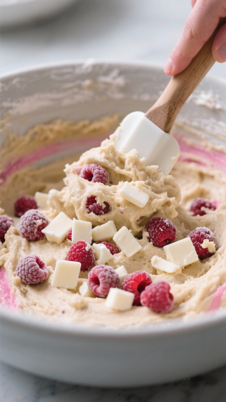 Cooking process: Cookie dough studded with chunky chopped real white chocolate and frozen raspberrie
