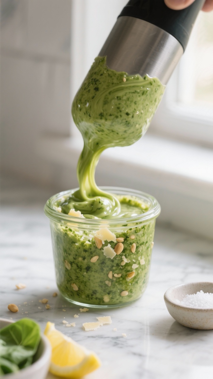 Cooking process — creamy emulsion forming: Pesto salad dressing being blended until smooth and sil