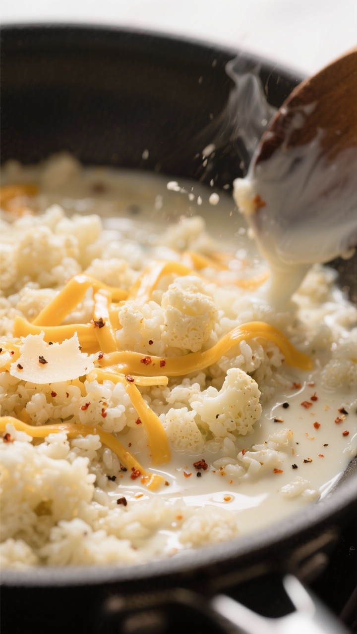 Cooking process — creamy melting moment: Close-up of tender, just-cooked cauliflower rice in a ski